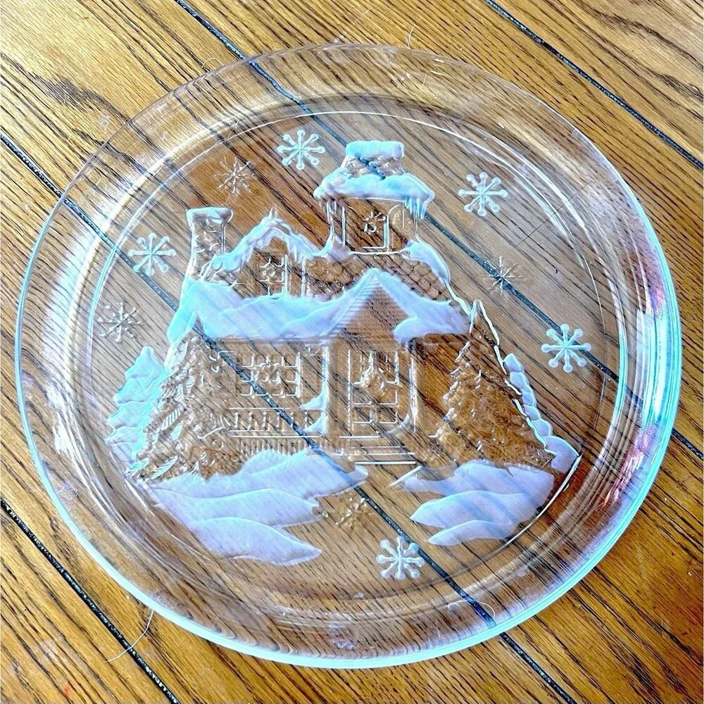 Vintage ARCOROC Glass Serving Platter – Winter Cottage Snow Scene, 13